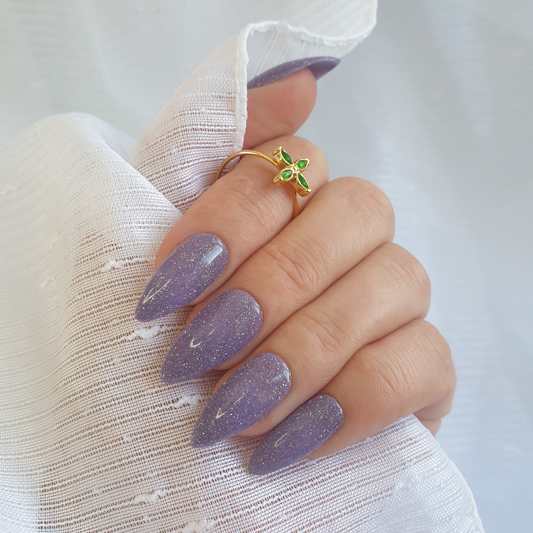 Faux ongles réutilisables violet + paillettes réfléchissantes